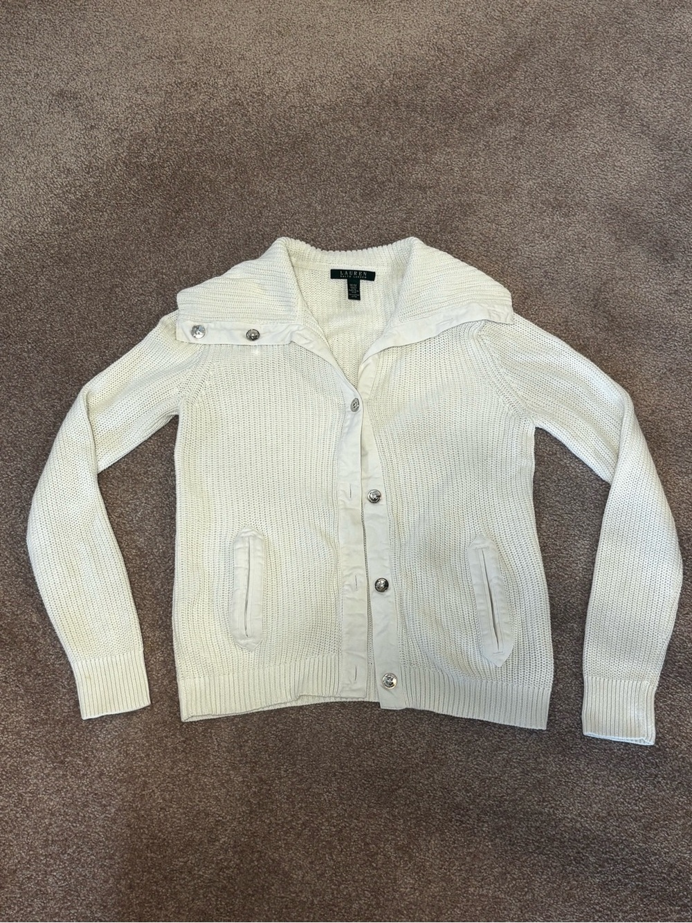 2000s Ralph Lauren White Ribbed Knit 100% Cotton Cardigan